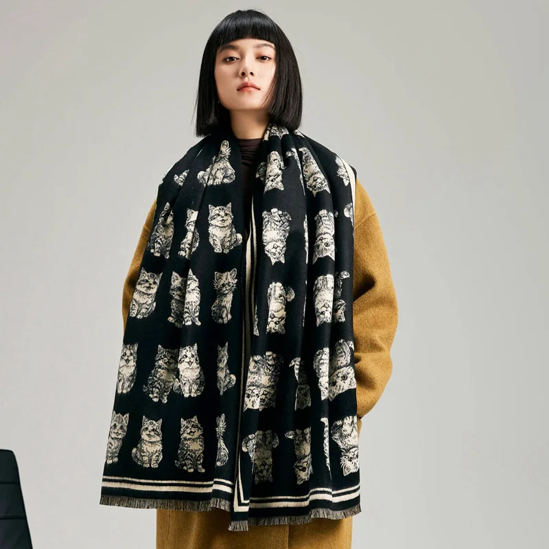 

Новинка зимы 2024, милый котенок, двусторонний принт, короткая борода, имитация кашемира, женский шарф, утолщенное теплое верхнее пальто, шаль