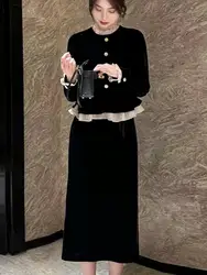 Black Hepburn Style  Dress Women's High Waist A-Line Skirt Long Sleeve One Shoulder Dress Commute Style Polyester Fiber