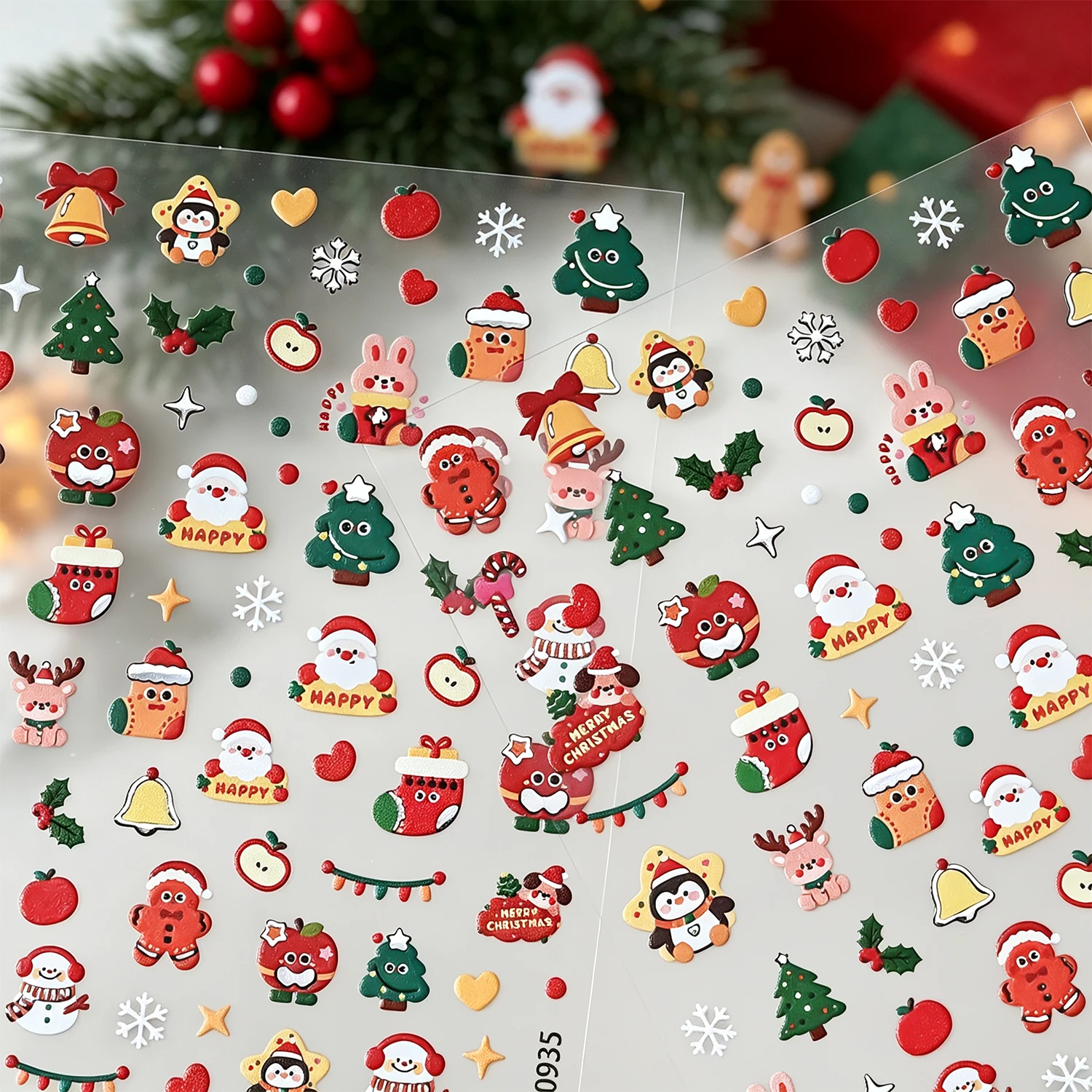 1PC 5D Embossed Christmas Nail Stickers Cute Cartoon Santa Claus Gingerbread Man Xmas Tree Nail Decal Holiday Party DIY Manicure