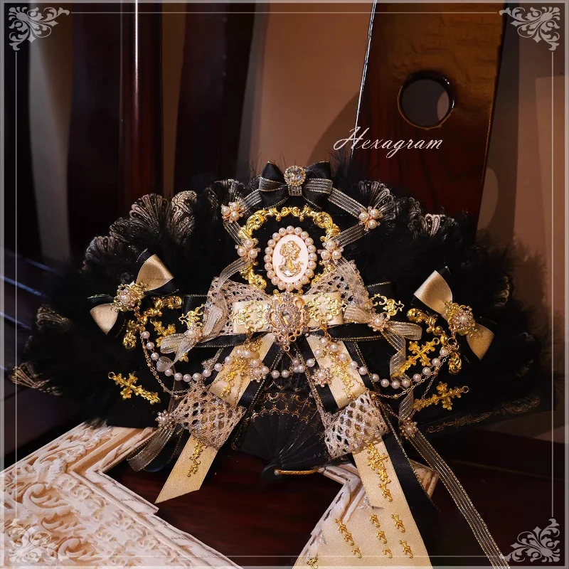 Classical doll black and white Golden Emperor Zheng gorgeous court style lolita handmade feather fan