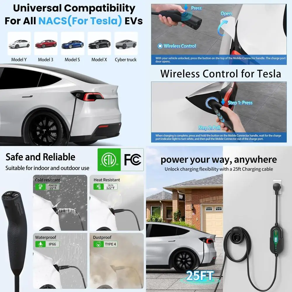 

Уровень 2 для мобильного зарядного устройства Tesla, зарядное устройство для электромобилей 32 А, 240 В для Tesla с вилкой NEMA 14-50 и адаптером NEMA 5-15, шнур 25 футов с приложением P