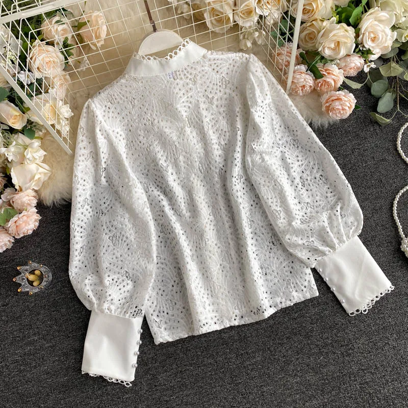 Spring Autumn Women Sexy Embroidery Beading Lace Blouses Elegant Female White Hollow Out Lantern Sleeve Tops Korean Blusas