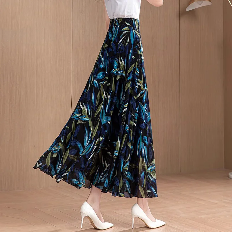 New Women Print Chiffon Skirt Ankle-Length Summer Fashion High Waist A-Line Loose Floral Skirt Elegant Casual Thin Long Skirt