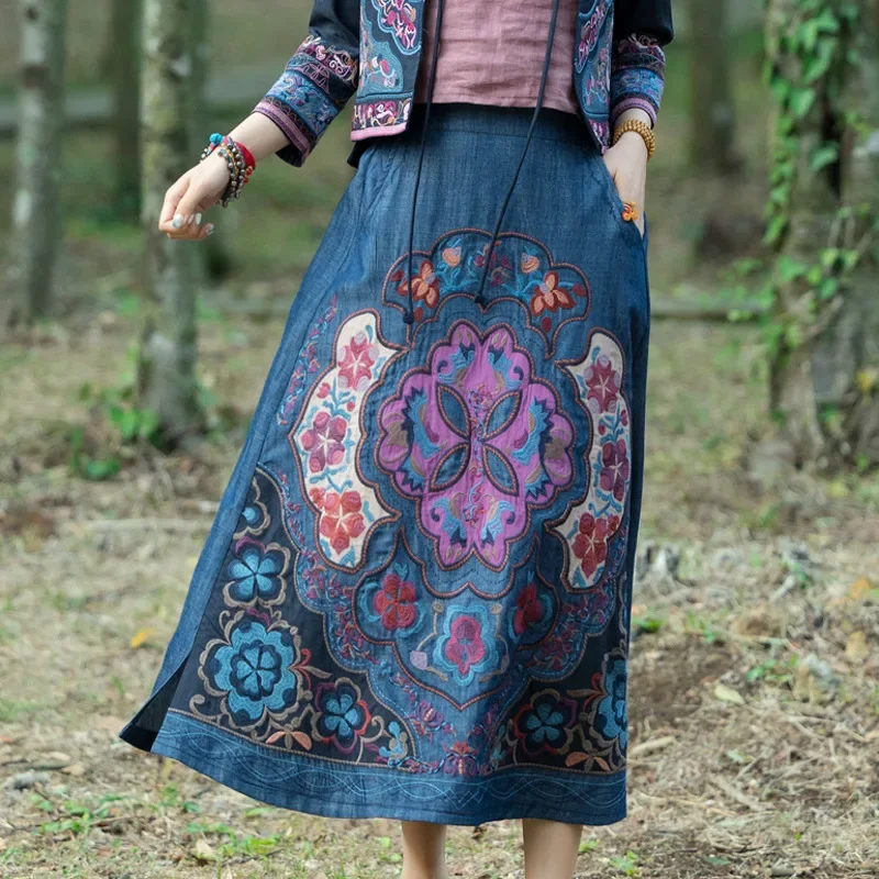 

Chinese Style Women Denim Skirt Vintage Embroidery Ethnic Fashion Harajuku Female Skirt Elastic Waist Midi Cowboy Skirt New