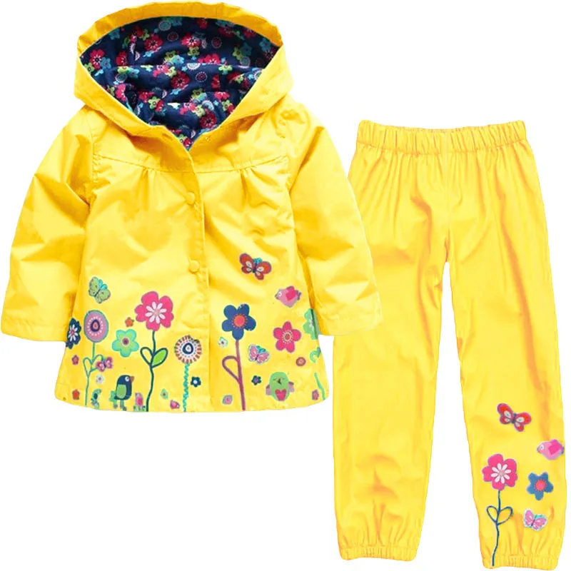 Girls' Floral Windproof Rainproof Hoodie Set - Spring Autumn Outdoor Jacket, Cute Water-Resistant Kids Playwear