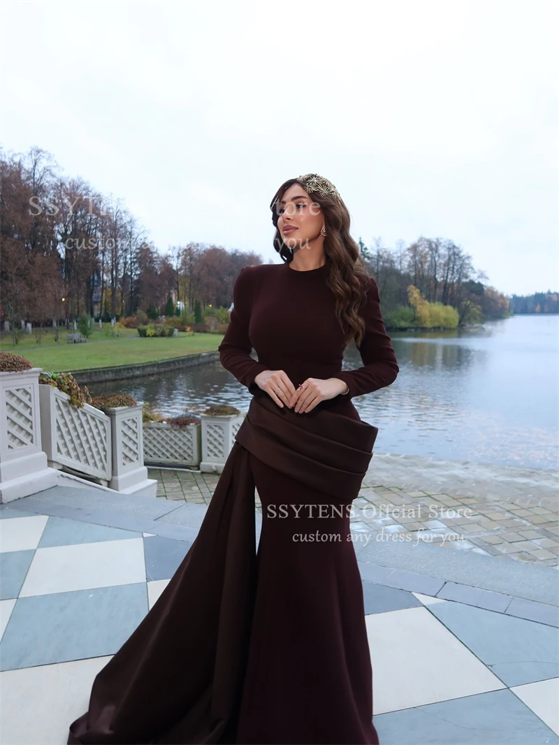 SSYTENS Arabskie Sukienki Wieczorowe Dekolt Okrągły Długie Rękawy Elastyczna Satyna Szyte na Miarę Syrenka Brązowe Suknie na Bal Studniówkowy Vestidos De Noche