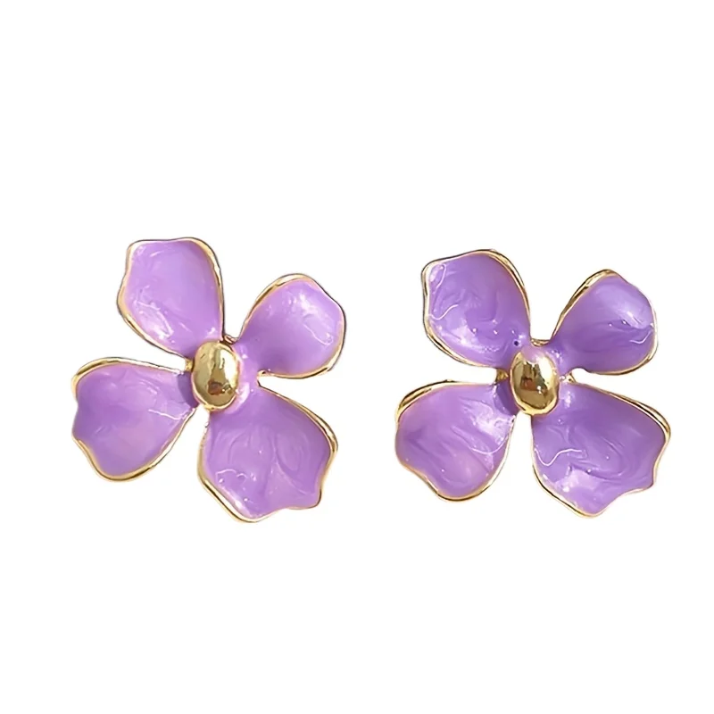 

1 pair of purple oil dripping flower earrings, French light luxury retro, daily dressing matching, for vacation