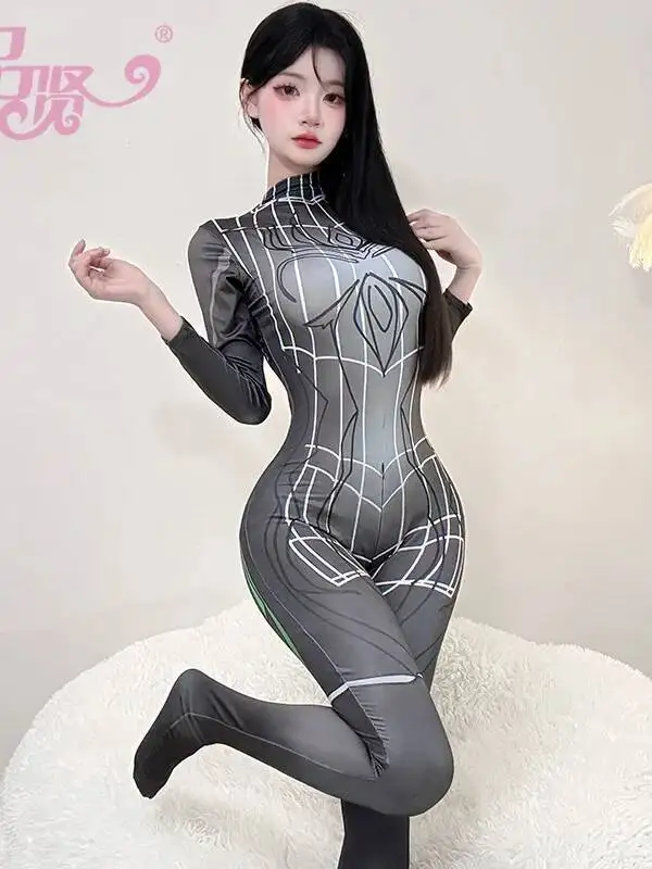 Sexy sexy aberto virilha calças de macacão feminino manga comprida anime aranha impresso puro desejo boate estilo macacão calças 5pjn