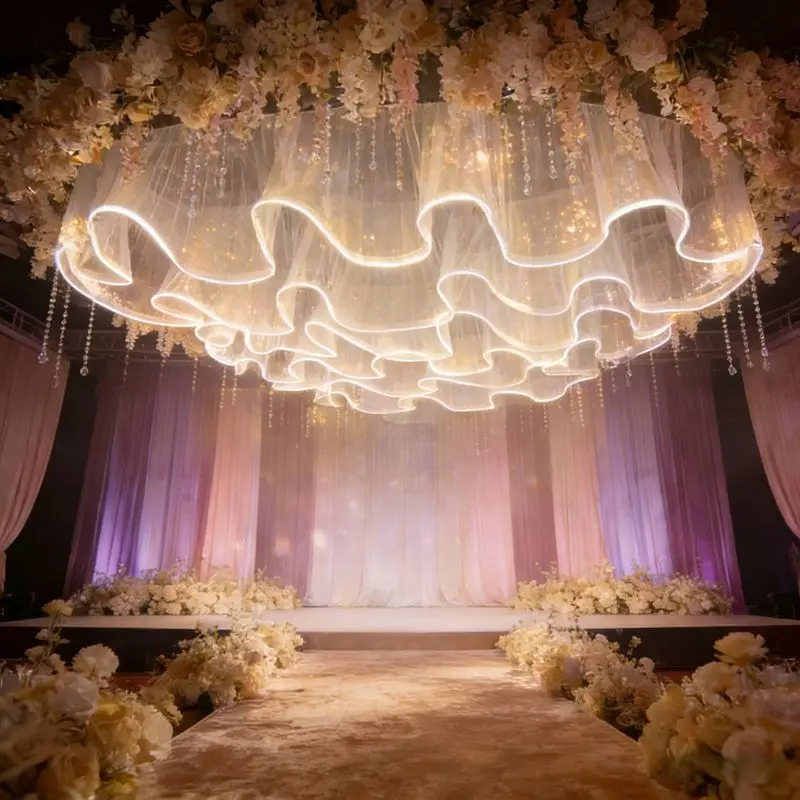 

20m Ceiling Gauze with RGB LED Strips Illuminated Sheer Curtain for Wedding Stage Party Outdoor Pavilion Beach Backdrop Decor