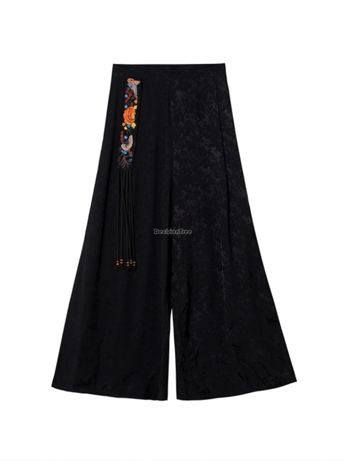 

2025 new summer chinese national style women wideleg pants black jacquard loose style elastic waist embroidery casual pants t001