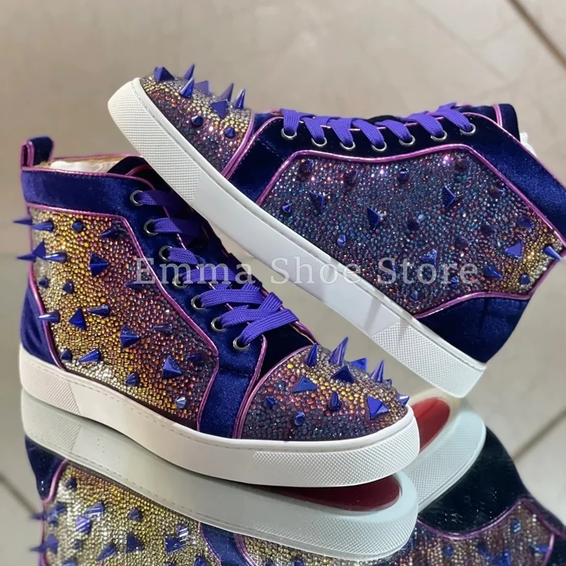 

Purple Rhinestone Rivet Flat Shoes Men's Versatile Lace Up Canvas Shoes Sports Running Shoes Comfortable Couple Sneakers
