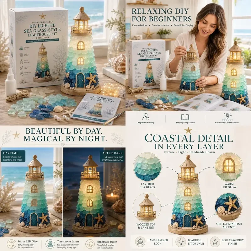 DIY Lighted Sea Glass Style Lighthouse Kit Collection Beginner Friendly Diy Glass Decorating with Pieces Guide Handmade Home