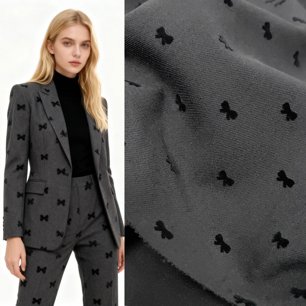 

Autumn and Winter Black Twill TR Micro Elastic Fabric Rose Bow Plush Designer Fabric Suit Pants Skirt Micro Elastic Fabric
