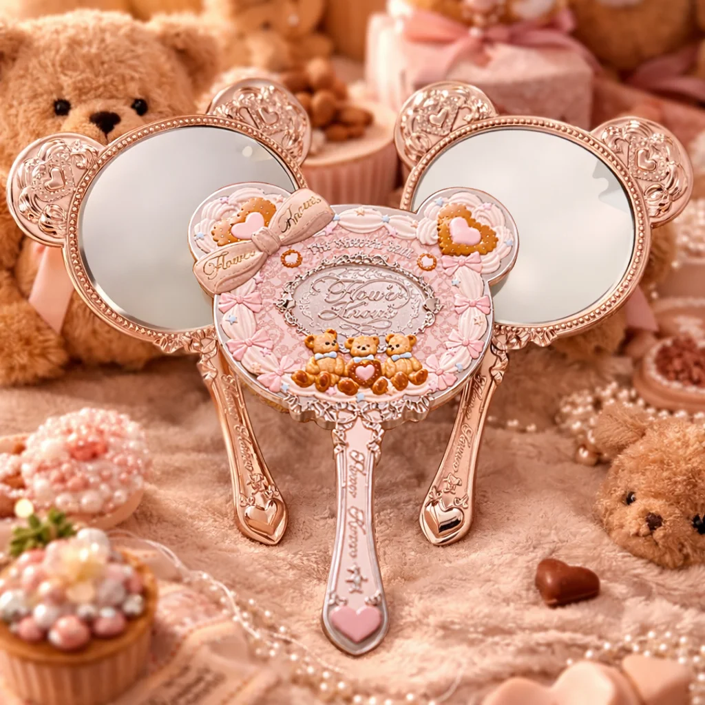 Flower Knows Sweetie Bear Handspiegel Vintage Tragbarer Handspiegel Niedlicher Kawaii Ästhetischer Schönheits-Tool Reisespiegel