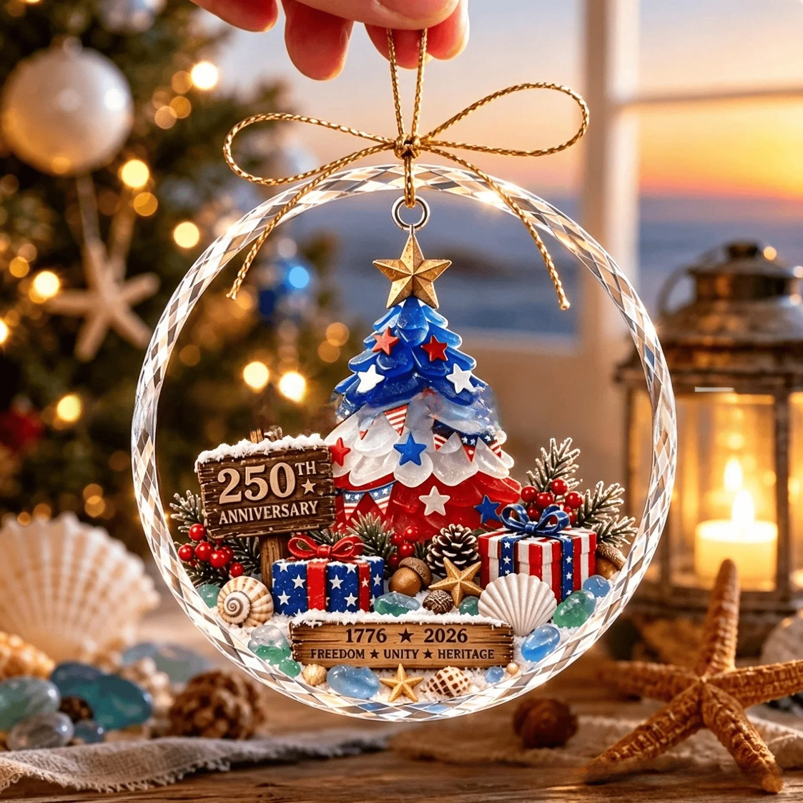 250th Anniversary 1776-2026 Ocean Theme Christmas Hanging Ornament Acrylic Resin Nautical Festive Pendant Xmas Tree Decoration