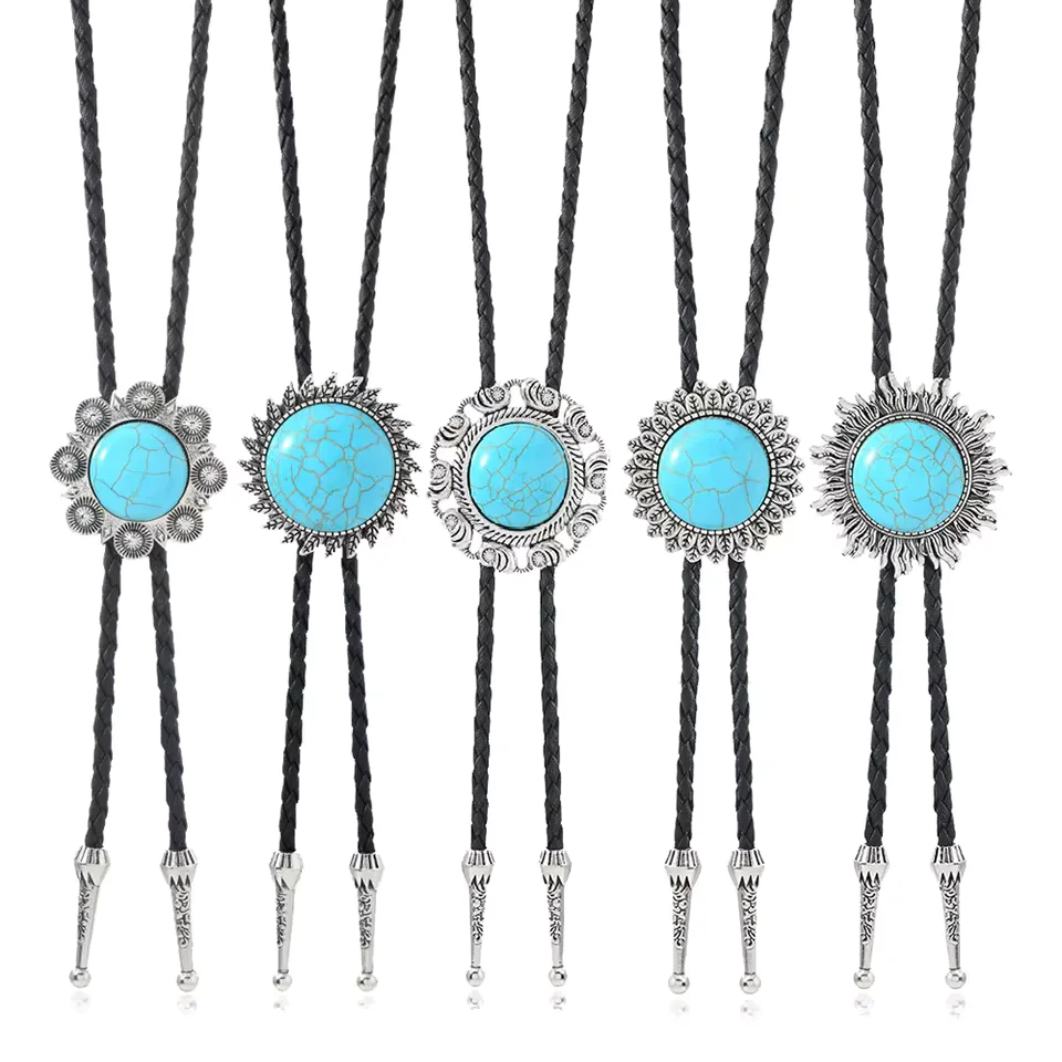 New Vintag Turquoise Alloy Bolo Tie Long Necktie for Men Women Shirt Collar Retro Western Cowboy Jewelry Accessories