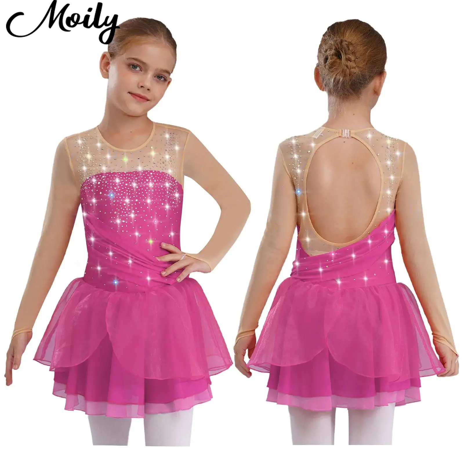 

Children's Glittery Rhinestones Lyrical Contemporary Dance Dresses Girls Figure Skating Performance Costume Long Sleeves Dresses