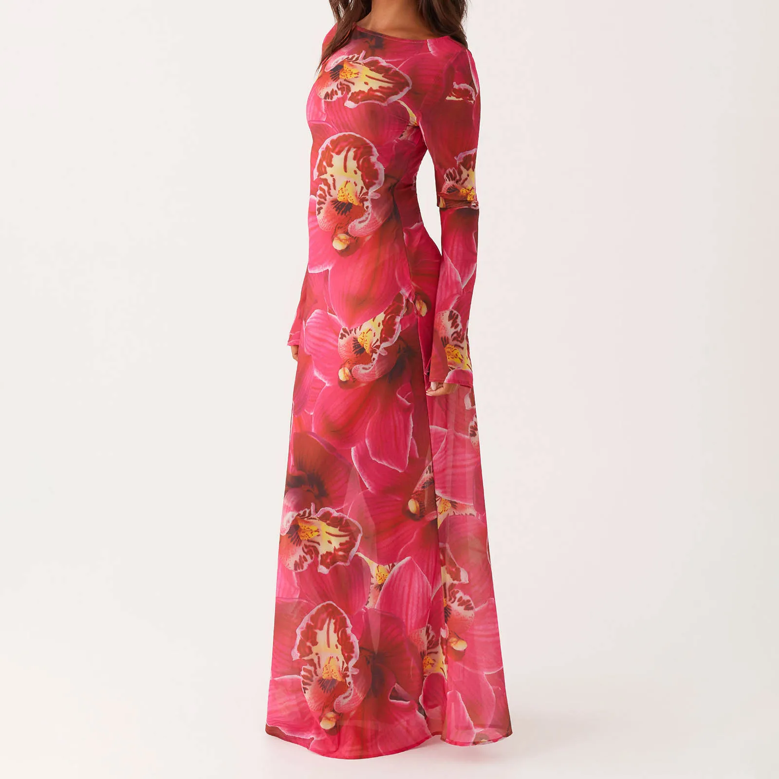 Women's Floral Print Patchwork See Through Long Dress Boat Neck Long Sleeve Slim Fit Sheer Mesh Dress for Summer Beach