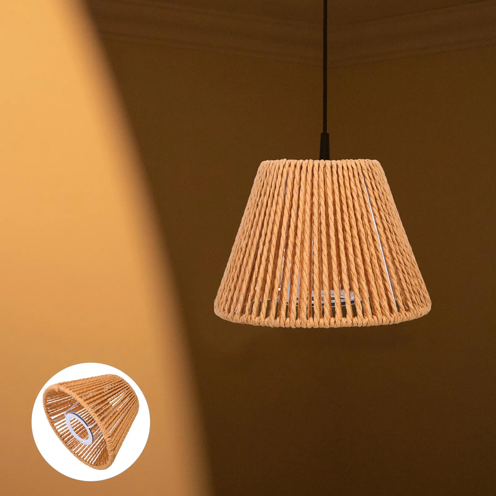 

Handwoven Lampshade Cone Shape Paper Rope Lamp Shade Iron Frame Pendant Light Cover Ceiling Floor Table Lamp for Hotel Cafe
