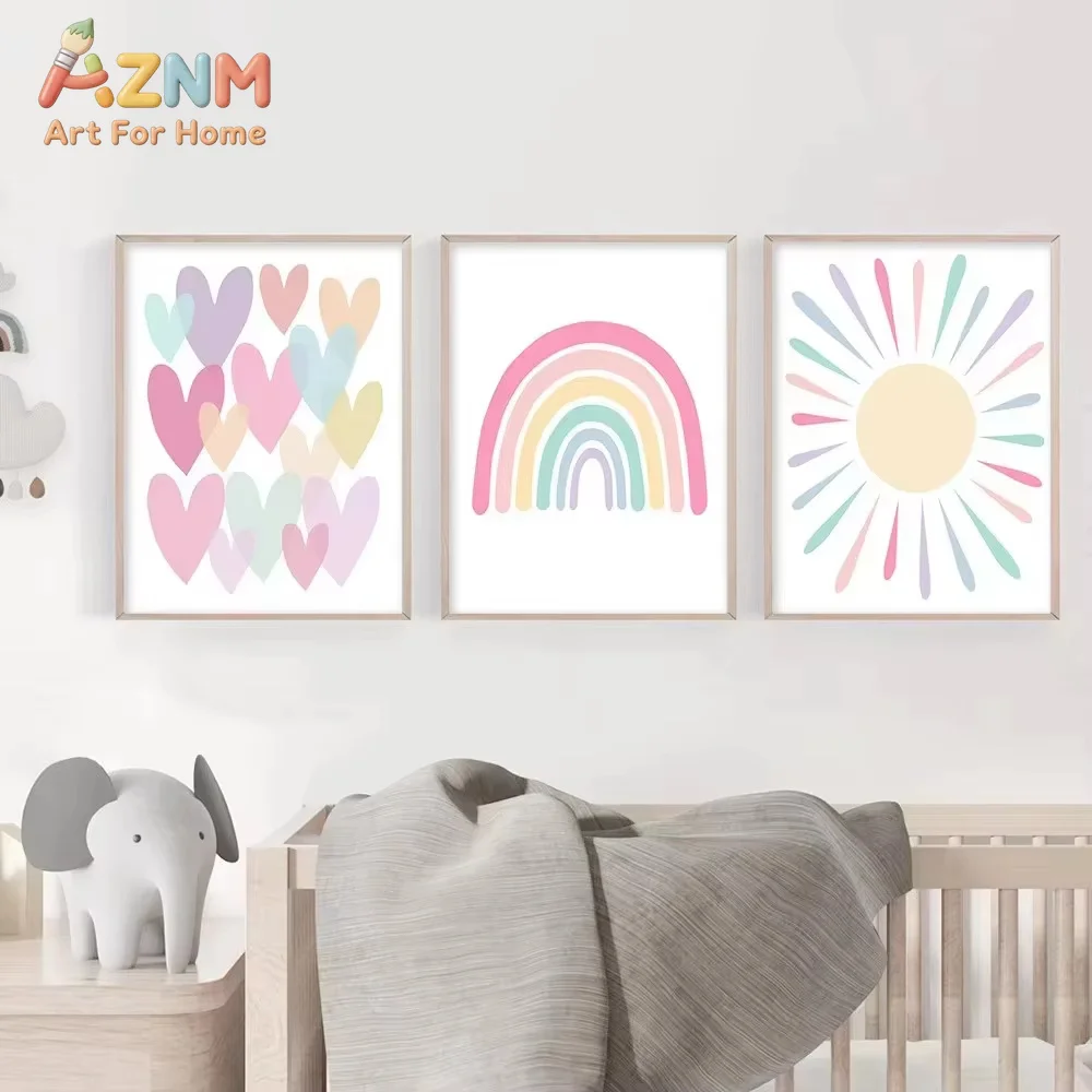 AZNM Boho Pastel Canvas Wall Art Heart Rainbow Sun Soft Color Frameless Canvas Painting Baby Nursery Girls Room Home Decor Poste