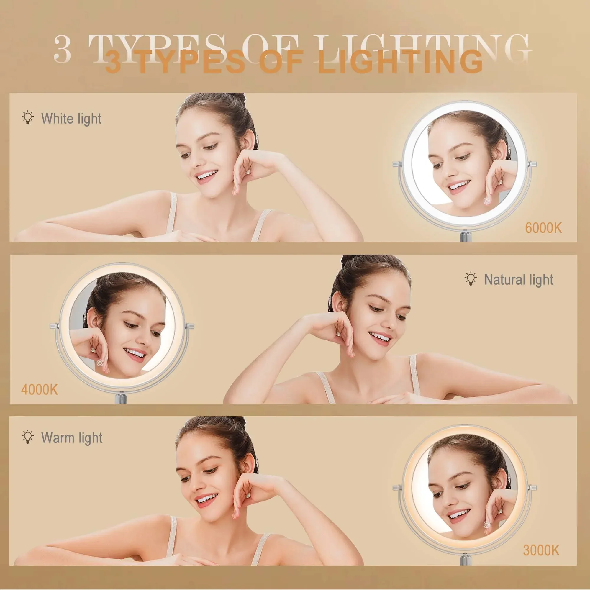 7-Zoll-Schminkspiegel mit Licht, wiederaufladbar über USB, höhenverstellbar, 1-fach/10-fache Vergrößerung, 3-Farben-Beleuchtung, 360 °   Drehbarer Kosmetikspiegel