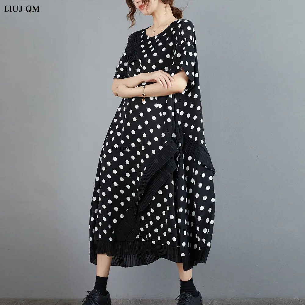 

Summer Causal Loose Mid-length Polka Dot Dress Women Splicing Contrast Color Irregular Short Sleeve Dresses Large Size Clothing