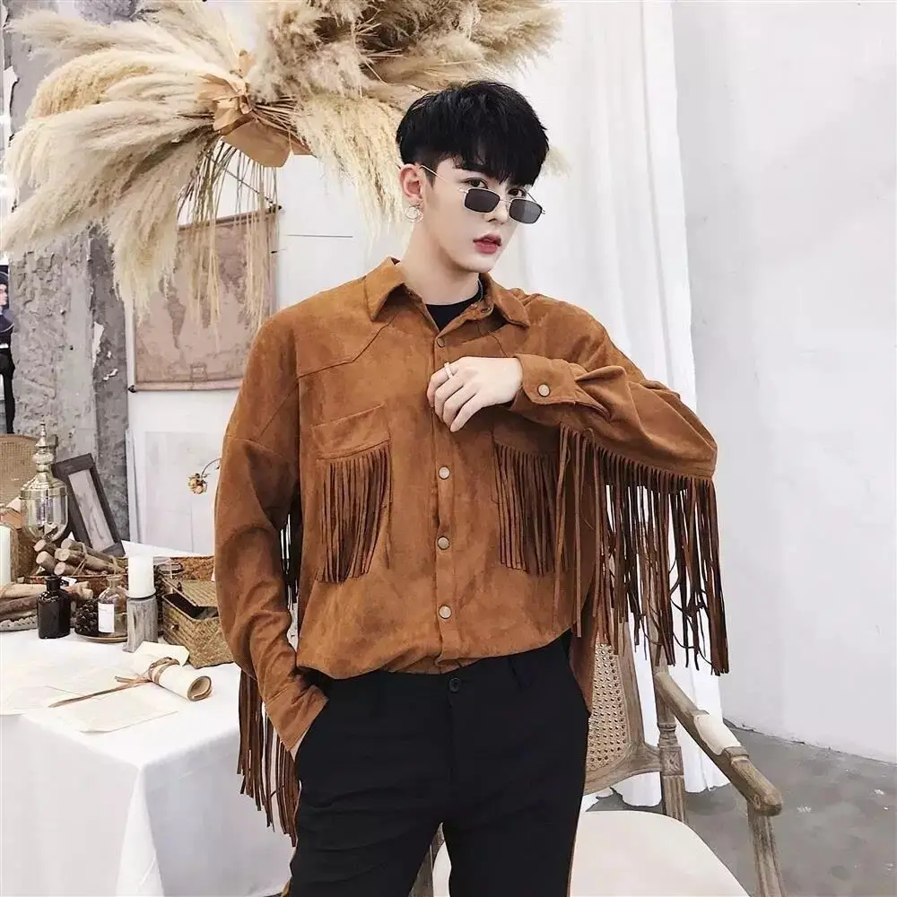 

Retro Tassel Chic Youthful Vatality Blouse Men Male Bar Singer Stage Club Party Tops Punk Moto Biker Gothic Trend Shirts Jackets