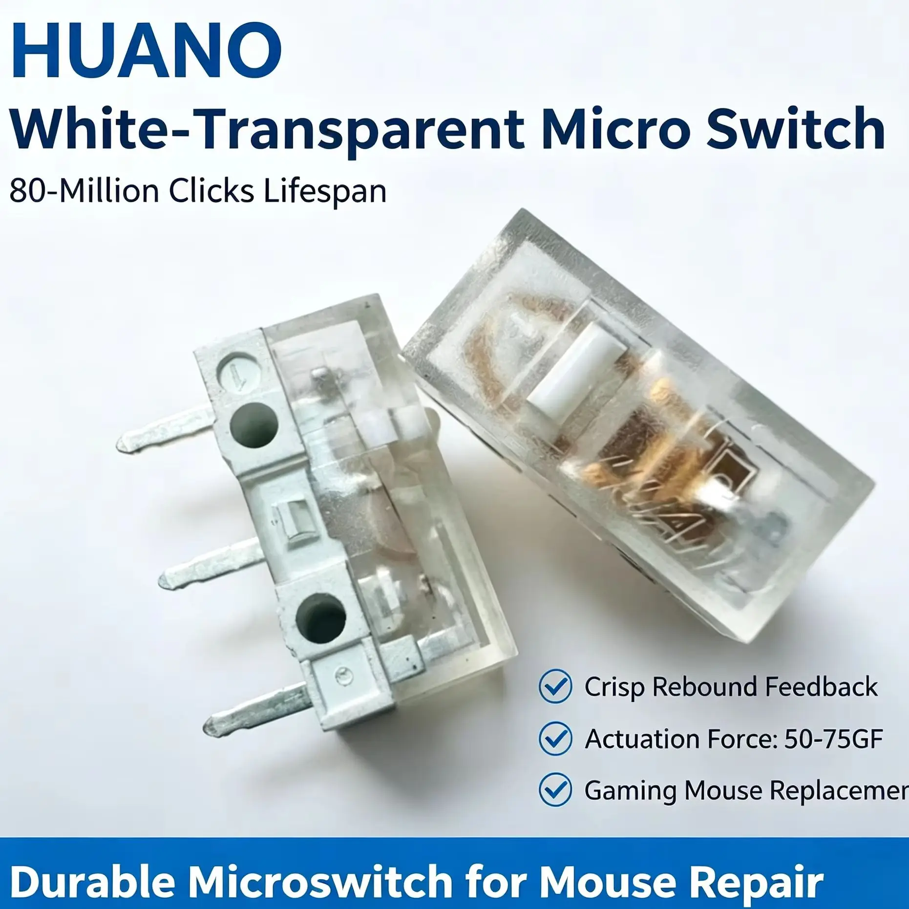 HUANO New White Transparent White Dot Mouse Micro Switch, 80 Million Clicks Lifespan, Mouse Button Replacement Repair Parts