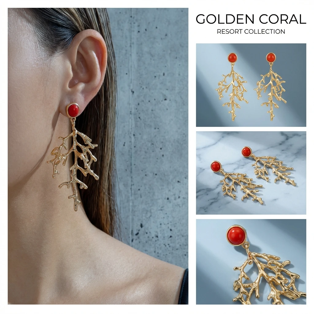 Boho Goldfarbene Korallenzweig-Ohrringe für Frauen Elegante 3D-Strukturierte Rote Akzente Hängeohrringe Sommer Künstlerischer Schmuck Geschenk – Detail 8