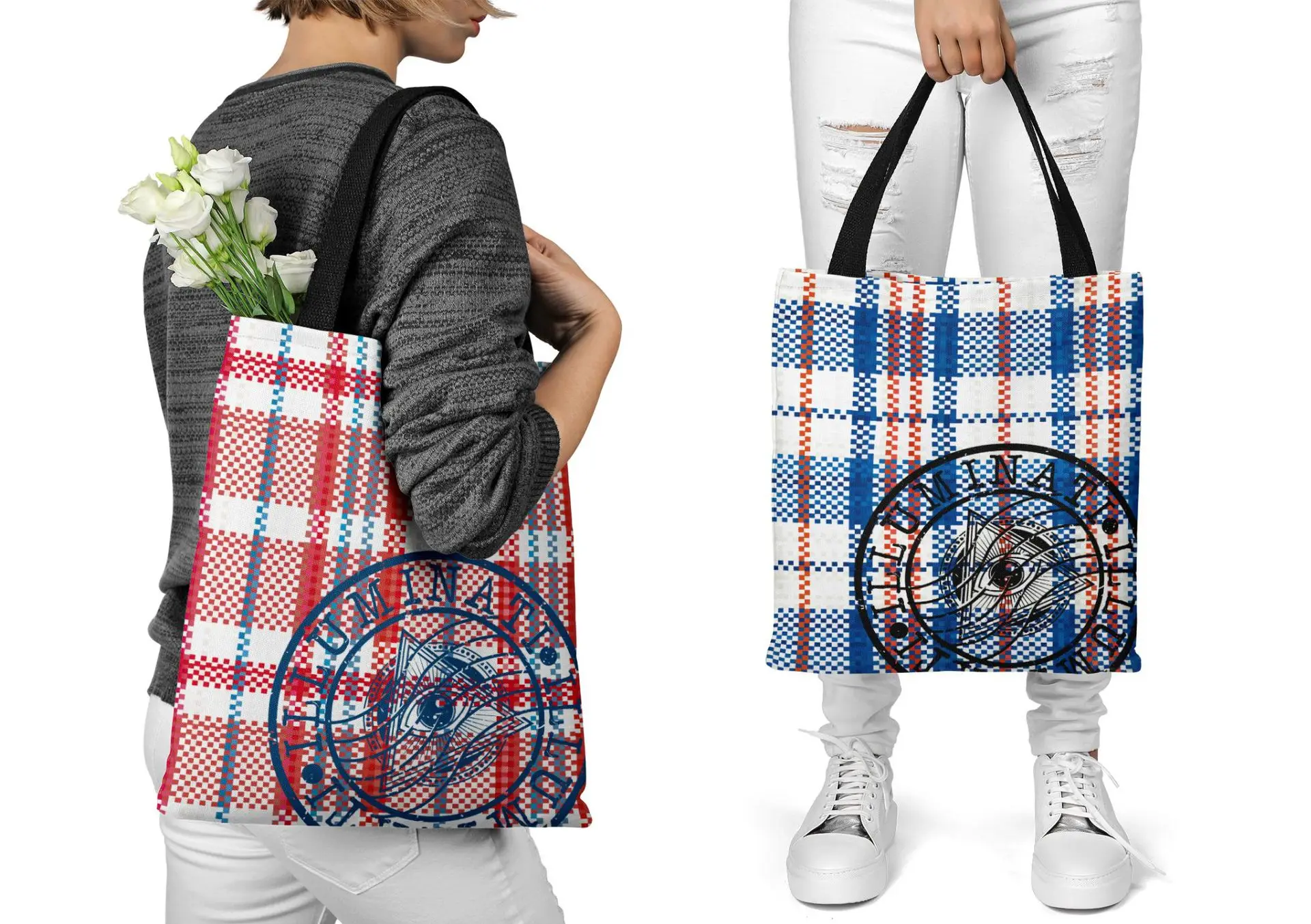 Borsa per la spesa ecologica in tela di poliestere Vintage retrò rosso blu Plaid stile francese stampa sigillo cinturino nero Tote da donna all'ingrosso