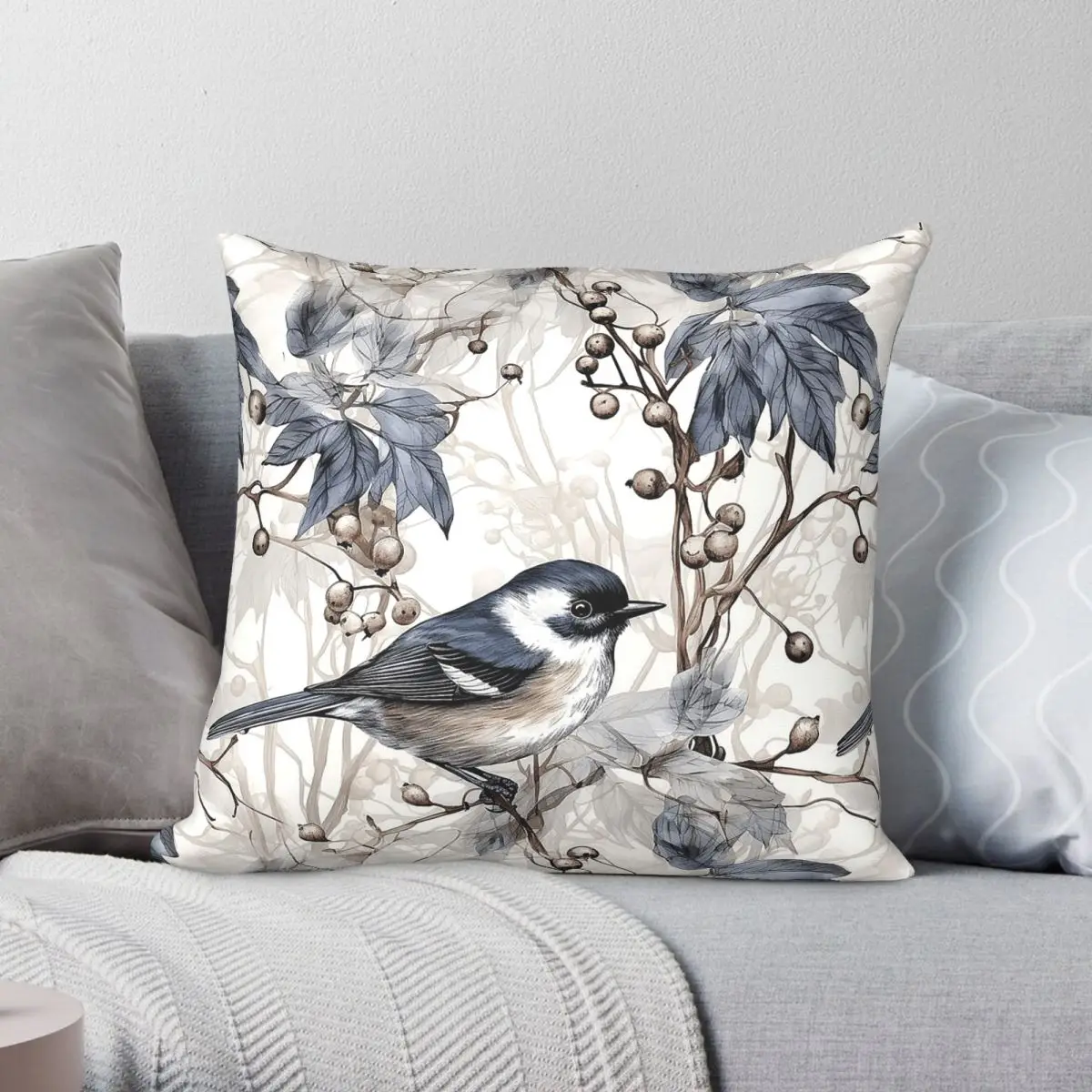 Blue Birds Leaves Berries Square Pillowcase Polyester Linen Velvet Printed Zip Decorative Throw Pillow Case Home Cushion Cover