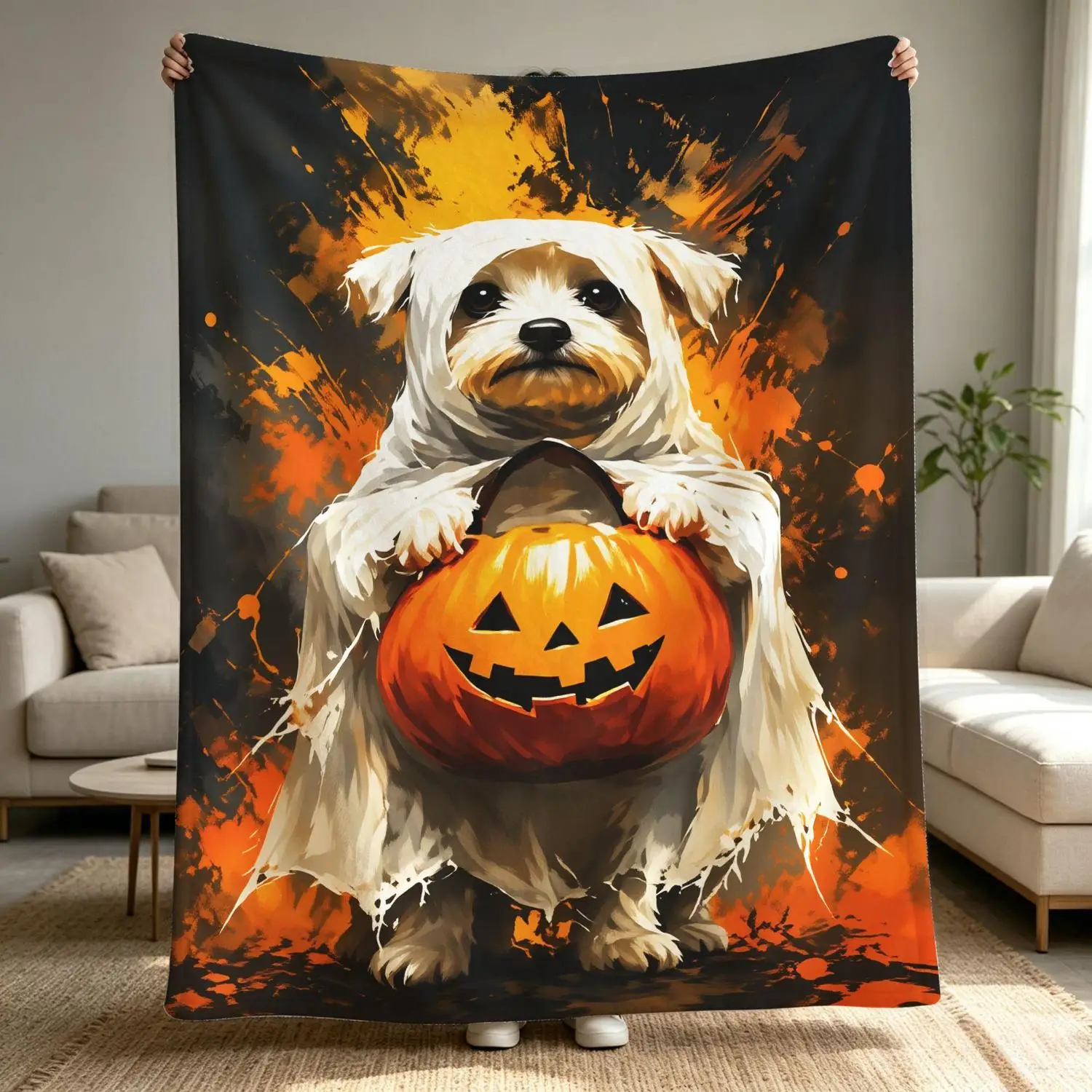[Flannel Blanket] Halloween Ghost Dog Blanket, Pumpkin Print Blanket, Suitable for Halloween Decorations, Soft Pet Gift