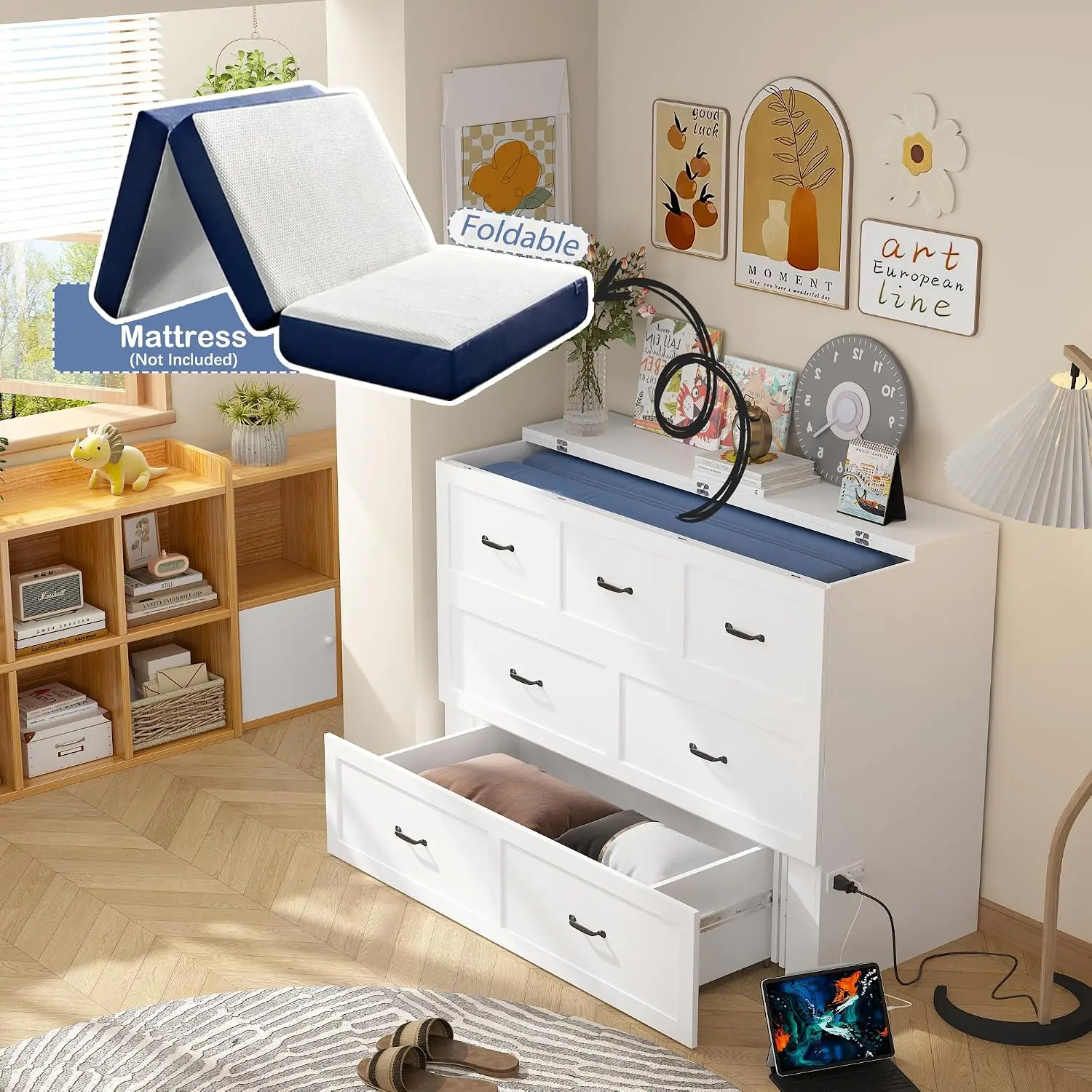 Multi-Functional Cabinet Bed Queen Size With Built-in Power Strip & Drawers Foldable Platform BedFrame White, Customized