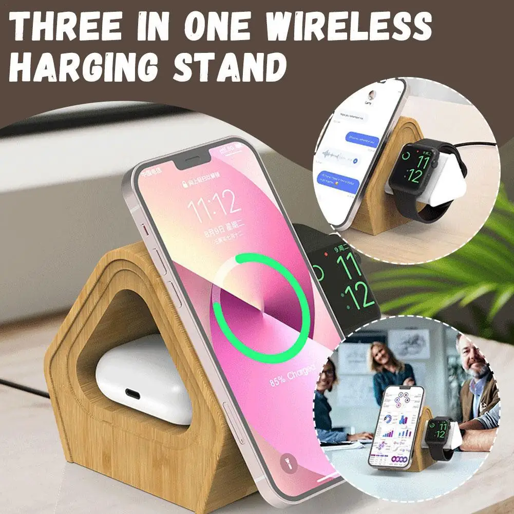 3-in-1 Charger Stand with Bamboo Cabin Style for Apple, 16, 15, 14, 13, 12 Series Fast Wireless Charger