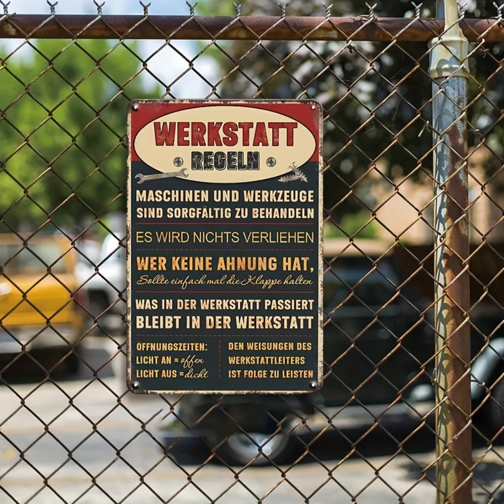 German Werkstatt Regeln Vintage Metal Workshop Sign Waterproof Distressed Red Black Iron Wall Art 30.48x20.32cm Decor Gift For G view 3