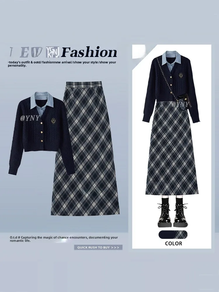 

Preppy Sle Knitted Cardigan Top And Plaid Skirt Set Women's Winter Slimming Age-Reversing High Waist Bodycon Ensemble
