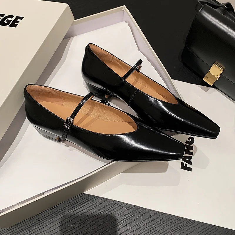 

MKKHOU Fashion Women's Shoes New High Quality Genuine Leather Shoes Simple Square Head Low Heel Women's Heel Shoes