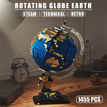 1455pcs Steam World Globe Map Building Blocks MOC City Retro Rotating Globe Earth Model Educational Bricks Toys for Children Gift