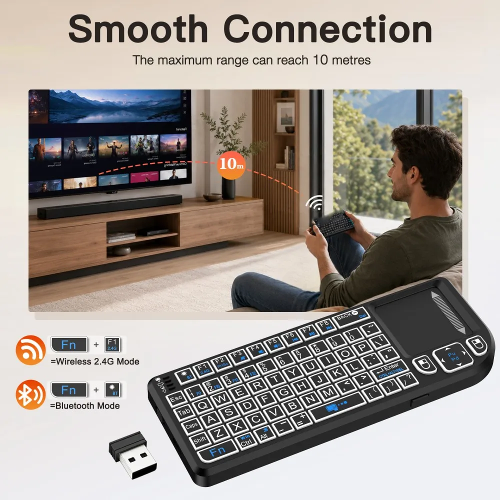 KEBIDUMEI Dual Mode Mini Wireless Keyboard with Touchpad 7 Color Backlit 2.4G Bluetooth Handheld Keyboard for Laptop Projector