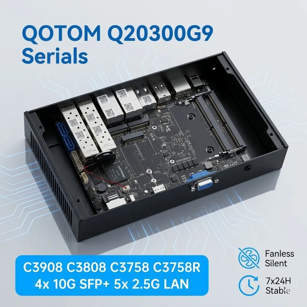 Qotom Q20300G9 4x10Gbps SFP+ 5x2.5G Atom C3908 C3808 팬리스 라우터 PC (고속 홈랩 네트워킹 방화벽 서버용)