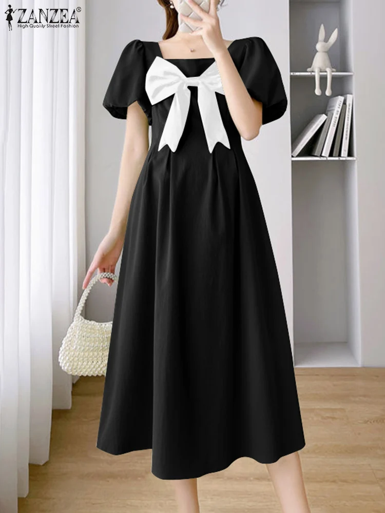 

ZANZEA Square Neck Elegant Party Vestidos Short Puff Sleeve Casual Contrast-Color Bow Sweety A-line Midi Dress Women's Long Robe
