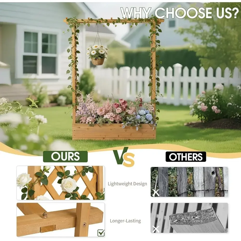 Elevated Wooden Garden Bed with Trellis, Hanging Rope, Drainage, for Climbing Plants and Vegetables (Teak)