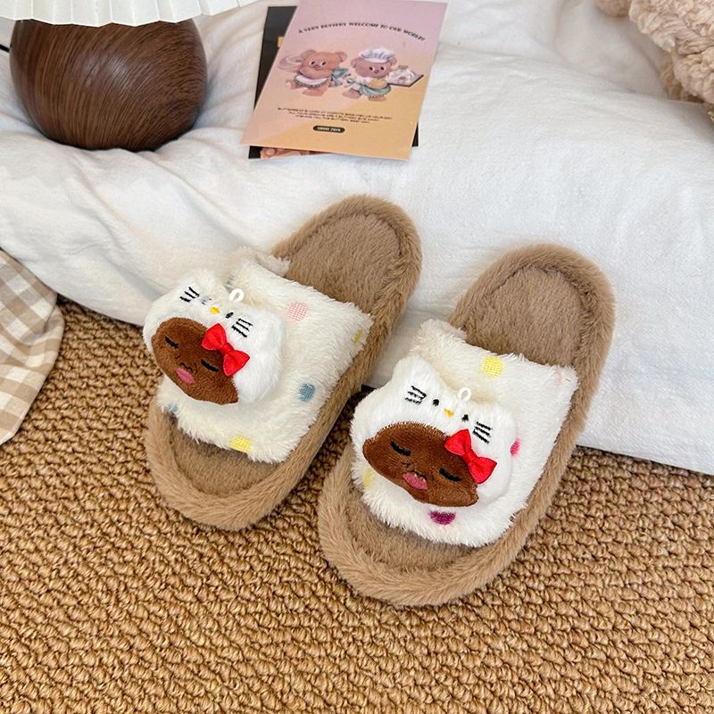Cat Plush Slippers for Women, Cute Cartoon House Slides, Open Toe Warm Soft Sole Indoor Bedroom Slippers, Unique Kawaii Gift