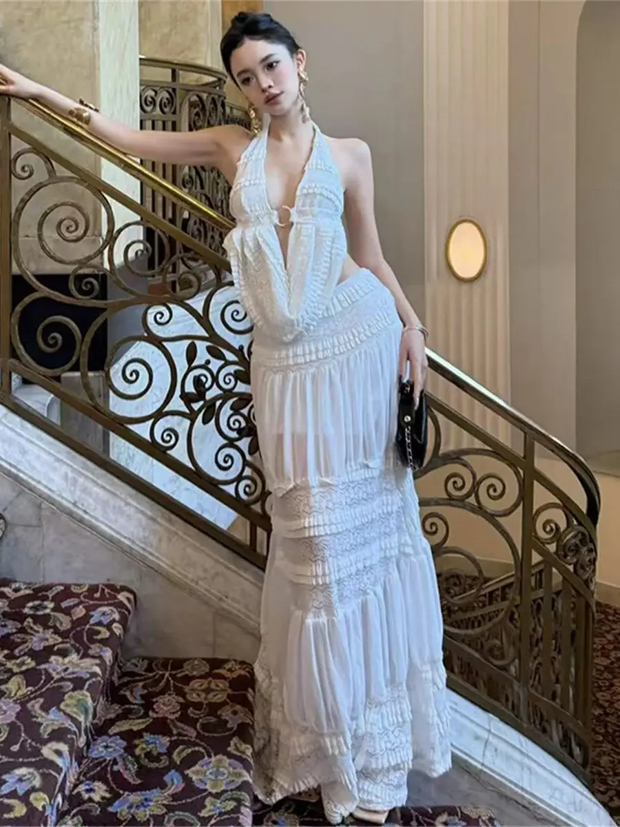 

Women's Fashion Solid White Lace Two-Piece Set Sexy Deep V-neck Backless Crop Top Ruffles Lace Splicing Long Maxi Skirt Suits