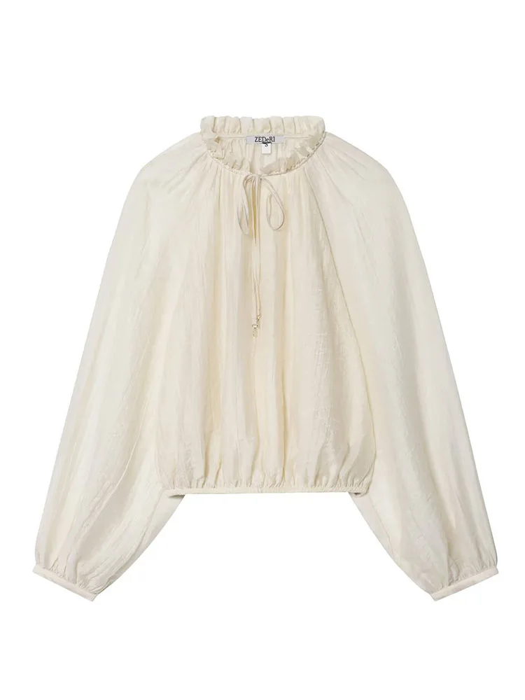 HH, moda de otoño para mujer, dulce manga de burbuja, camisa semitranslúcida, temperamento femenino, camisa holgada de tela Tencel Simple
