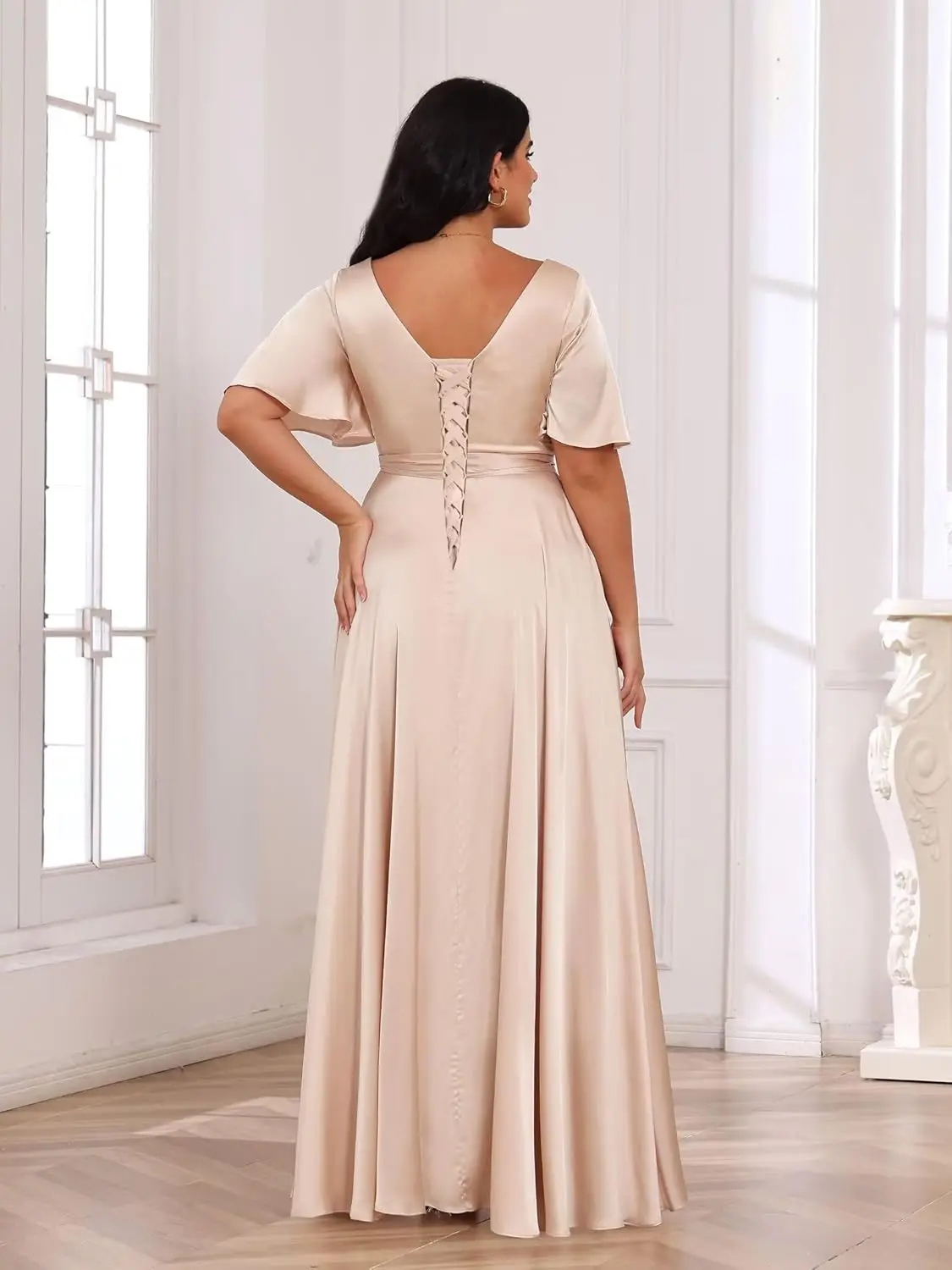 Women's Short Sleeves A-line Bridesmaid Dresses 2025 with Slit Long Ruched Satin Prom Dresses  Evening Dresses