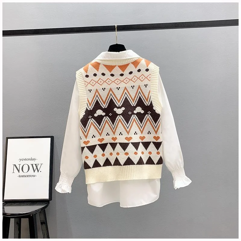 Autumn Winter Casual V Neck Pullover Top Female Women\'s Kawaii Y2K Vintage Argyle Sleeveless Outwear Knitted Sweater Vest Jumper