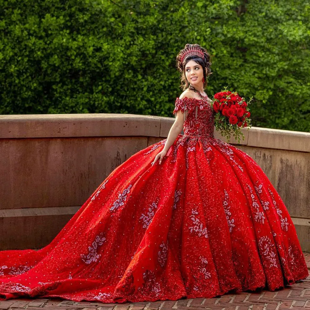 Red Quinceanera Dress Ball Gown Shining Applique Tulle Off The Shoulder  Sexy Dresses Sweet 16 Girl Birthday Pageant Dress
