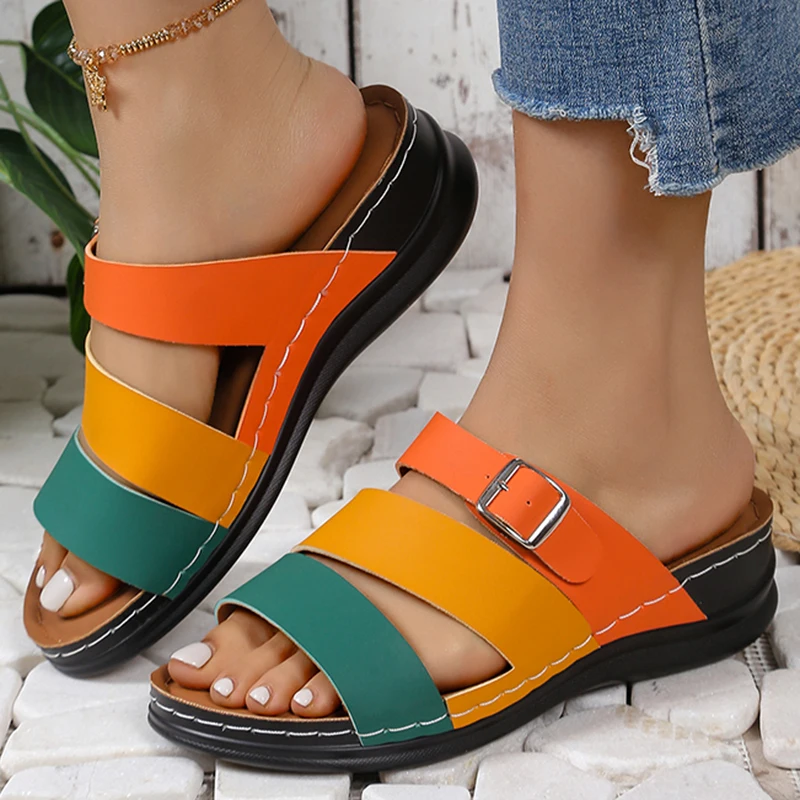 

Multicolored Pu Leather Wedge Sandals for Women 2026 Summer Peep Toe Thick Sole Platform Sandals Woman Non-slip Beach Slippers