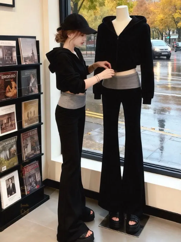 

Корейская модная толстовка с капюшоном и брюки-клеш, комплект из двух предметов, удобный свободный комплект, весь комплект, зимний повседневный женский ансамбль